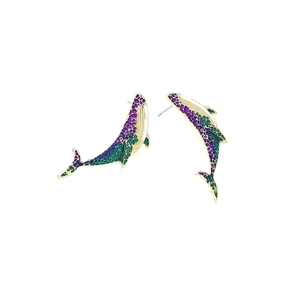 Cute whale earrings with colorful enamel honeycombs in purple, green, and blue alloy