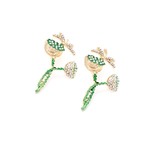 Chic lotus pod and dragonfly drop earrings with sparkling crystals and green enamel
