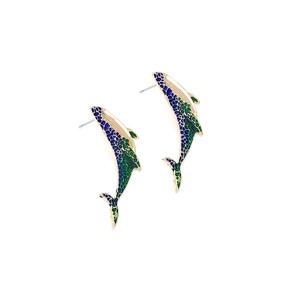 Golden dolphin drop earrings with blue enamel mosaic patterns on white background