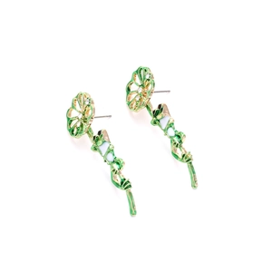 Funny green enamel frog on gold flower stem earrings with white crystals for women