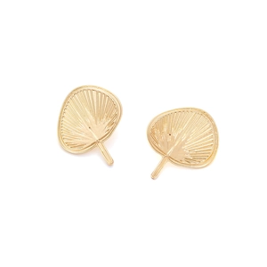 Minimalist gold fan-shaped stud earrings with delicate radial relief texture on white background