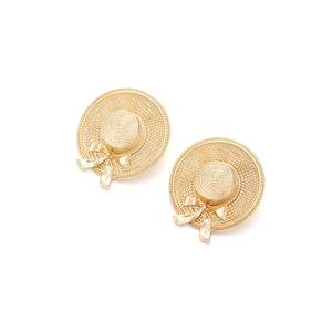 Retro gold woven straw hat earrings with mirror finish bow design on white background