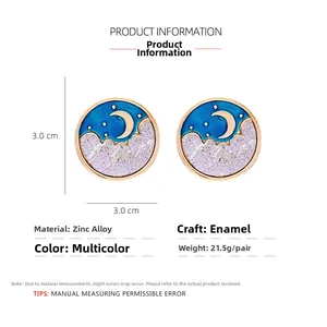 Detail showing 3.0cm round enamel moon and star earrings with zinc alloy specifications
