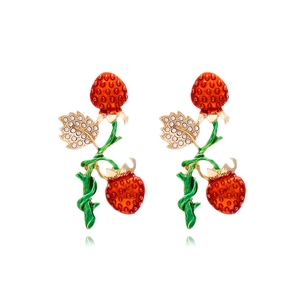 Strawberry Dangle Drop Earrings Enamel Alloy Rhinestone Leaf Fruit Sweet Fashion Jewelry For Women Girls