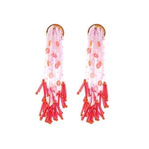 Handmade bohemian long beaded tassel earrings with pink and red gradient seed beads