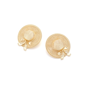 Golden woven wide-brimmed straw hat earrings with minimalist bow design