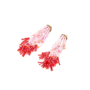 Bohemian handmade beaded long tassel earrings with pink gradients and golden studs