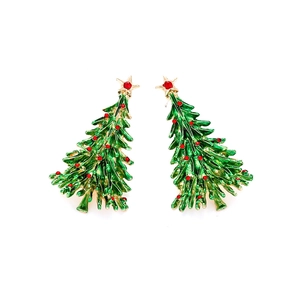 Christmas tree drop earrings with green enamel and colorful rhinestones in gold alloy