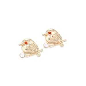 Boucles d'oreilles oiseaux dorées avec perles de culture et strass rouges