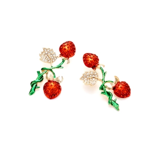 Sweet red strawberry enamel earrings with sparkling rhinestones and golden leaf accents