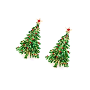 Fashionable Christmas tree earrings with green enamel, gold stars and red rhinestones