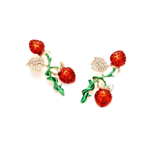 Fashion strawberry enamel earrings with red glitter finish and sparkling rhinestone leaves