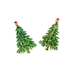 Christmas tree enamel earrings with green finish and red rhinestones on white background