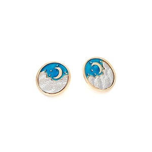 Retro round gold celestial earrings with blue enamel star and moon pattern