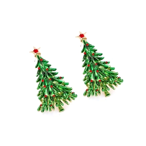 Detailed view of Christmas tree earrings with green enamel, red crystals, and gold trim