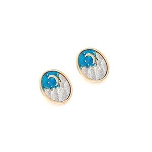 Vintage round gold alloy earrings with blue enamel star and moon pattern for women