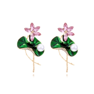 Boucles D'oreilles Pendantes Fleur De Lotus Cristal Rose Feuille Émail Vert Künstliche Perle D'imitation Alliage Style Rétro Femmes
