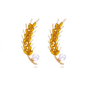 Wheat Ear Rhinestone Drop Earrings With Imitation Artificial Pearl Dangle Alloy Leaf Jewelry For Women Fashion Elegant Gold Tone