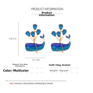Detailed view of blue whale earrings with dimensions 4.6cm height and 3.1cm width
