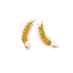 Elegant wheat-shaped gold earrings with amber crystals and small white pearl accents