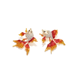 Golden goldfish drop earrings with crystal rhinestones and red enamel gradient finish