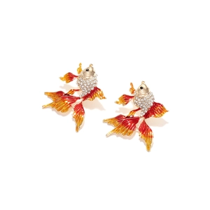 Red enamel goldfish earrings with sparkling rhinestones and a gold-tone alloy finish