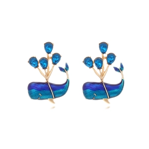 Cute Cartoon Whale Enamel Stud Earrings Blue Gradient Zinc Alloy Rhinestone Water Drop Ocean Jewelry For Women