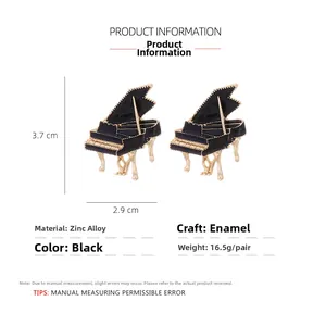 Detailed view of black enamel piano earrings with zinc alloy dimensions and materials
