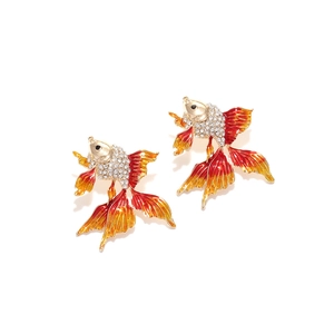 Sparkling goldfish drop earrings with crystal rhinestones and red enamel gradient