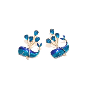 Charming whale stud earrings with blue gradient enamel and teardrop crystal water spray