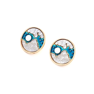 Abstract star and moon earrings with gold frames and deep blue enamel in an irregular shape