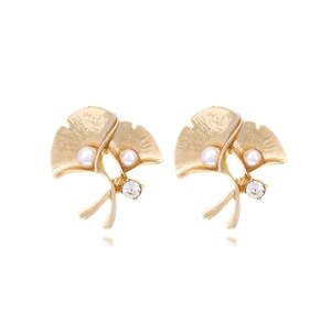 Ginkgo Leaf Stud Earrings Alloy Brushed Gold Tone With Imitation Artificial Pearl And Rhinestone Retro Elegant For Women