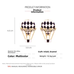 Detailed specs of checkered hot air balloon earrings with zinc alloy and rhinestones