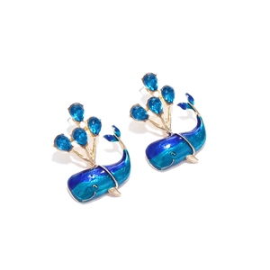 Cute enamel whale earrings with blue crystals and gold plating in a minimalist style