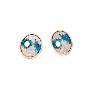 Abstract celestial gold oval earrings with blue enamel star and moon pattern