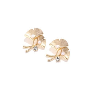 Golden alloy ginkgo leaf earrings with pearls and crystal accents on a white background
