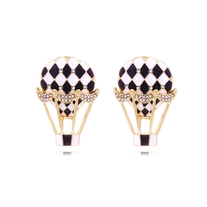 Hot Air Balloon Stud Earrings Zinc Alloy Enamel Rhinestone Black White Checkerboard Plaid Vintage Elegant For Women