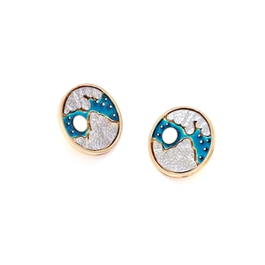 Abstract star moon earrings with blue and white enamel inlay in gold oval frame