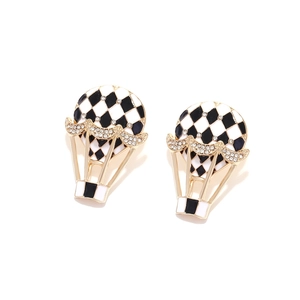 Checkerboard hot air balloon earrings with gold plating and sparkling rhinestones