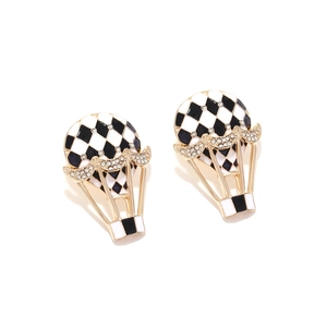Hot air balloon earrings with black and white checkerboard enamel and crystal accents