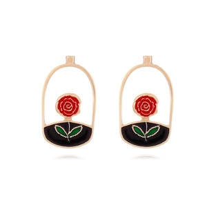 Vintage Rose Flower Stud Earrings Zinc Alloy Enamel Red Floral Gold Arch Frame Romantic French Style Jewelry For Women