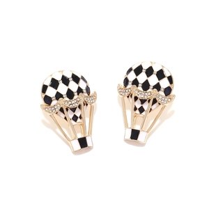 Hot air balloon stud earrings with black and white checkerboard pattern and crystals