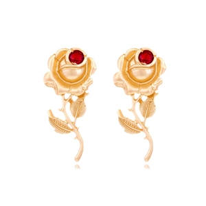 Vintage Baroque Rose Flower Dangle Earrings Zinc Alloy Matte Gold Red Rhinestone Inlay Elegant Floral Jewelry For Women