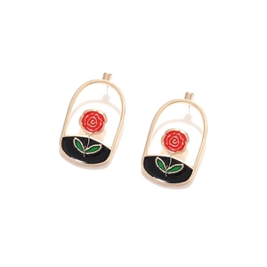 Vintage enamel rose stud earrings with golden metallic frames and elegant French design