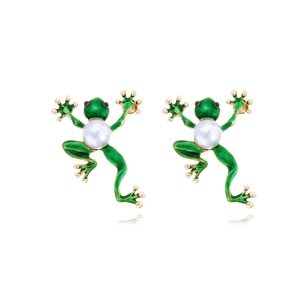 Orecchini A Lobo Rana Verde Smalto Lega Forma Animale Con Perla Artificial Sintetica Gioielli Di Moda Retro Per Donna
