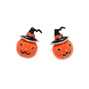 Ohrringe Halloween Kürbis mit Hexenhut und Kristallen in Orange und Schwarz glänzend
