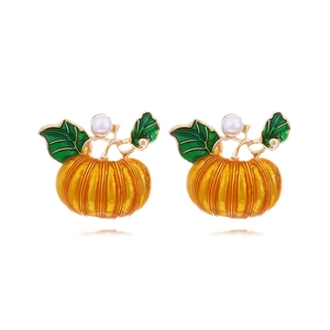 Cute Halloween Pumpkin Stud Earrings For Women Alloy Orange Enamel Leaf With Faux Artificial Pearl Earring Party Fashion Jewelry