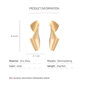 Golden twisted geometric alloy earrings with abstract design, 6.4x2.1cm dimension