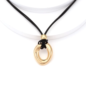 Minimalist black cord necklace with irregular gold hoop pendant and metal bead detail
