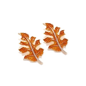 Elegant amber leaf drop earrings with gold edges and sparkling rhinestones for women
